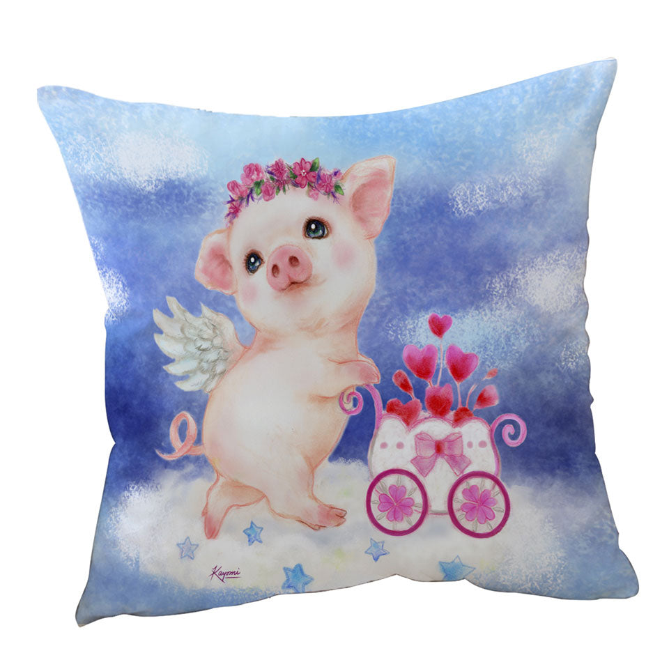 Cute Kids Throw Cushions Design Heart Angel Pig with Flowers