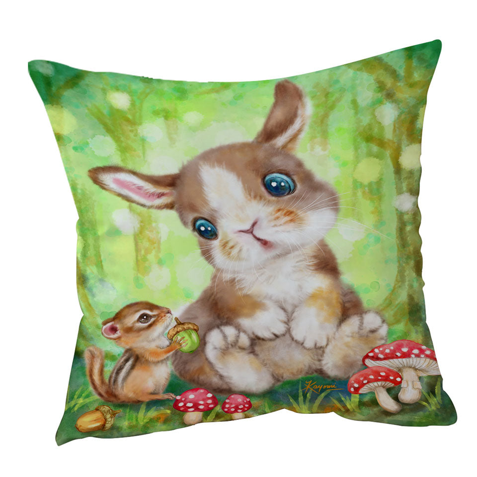 Cute Kids Throw Pillows Drawings Mushrooms Bunny and Chipmunk Cushion Cover