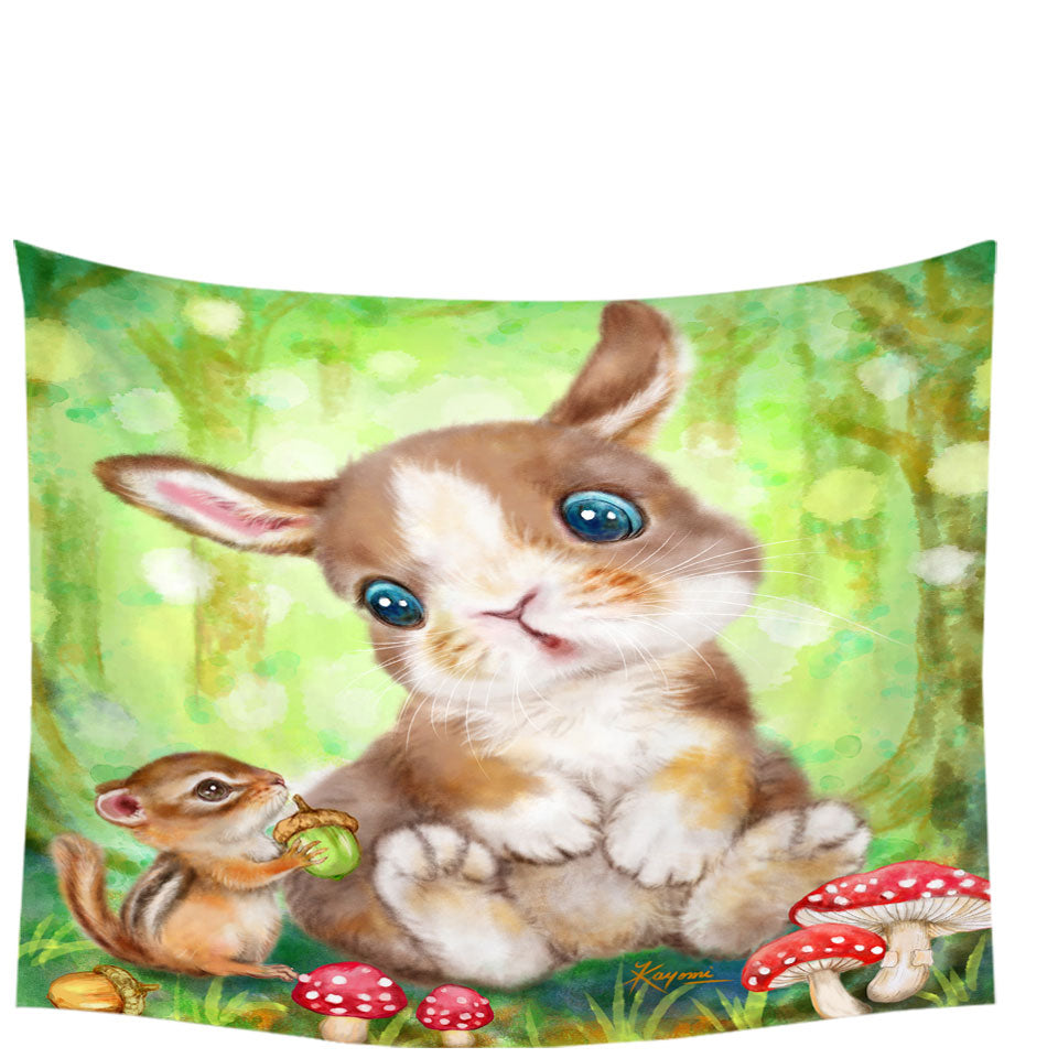 Cute Kids Wall Decor Drawings Mushrooms Bunny and Chipmunk Tapestry