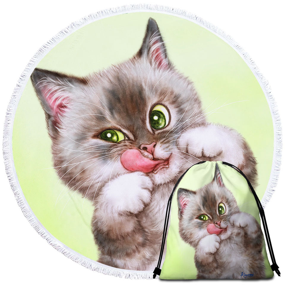 Cute Kittens Beach Towels Drawings Brownish Tabby Kitty Cat