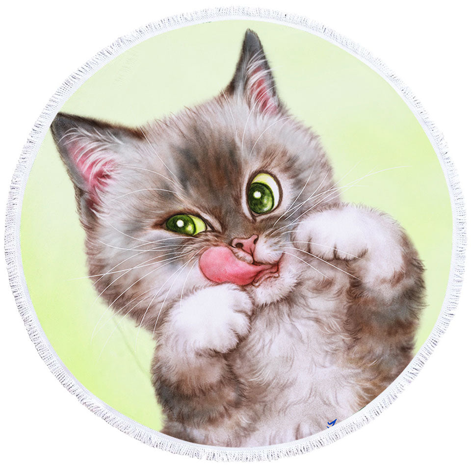 Cute Kittens Circle Beach Towel Drawings Brownish Tabby Kitty Cat