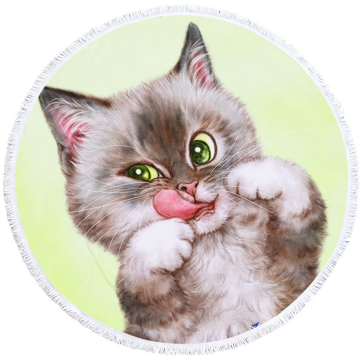 Cute Kittens Circle Beach Towel Drawings Brownish Tabby Kitty Cat