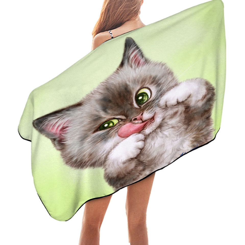 Cute Kittens Microfiber Beach Towel Drawings Brownish Tabby Kitty Cat