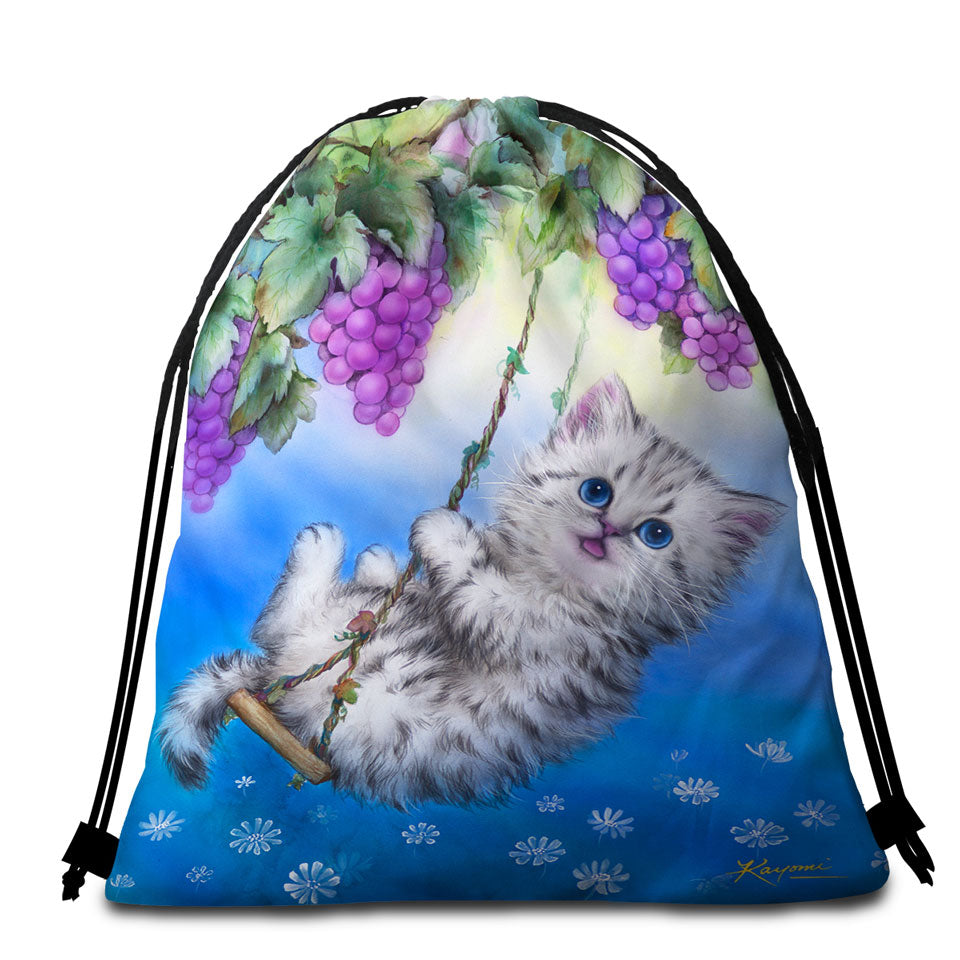 Cute Kitty Cat Swinging in the Grape Vineyard Beach Bags and Towels