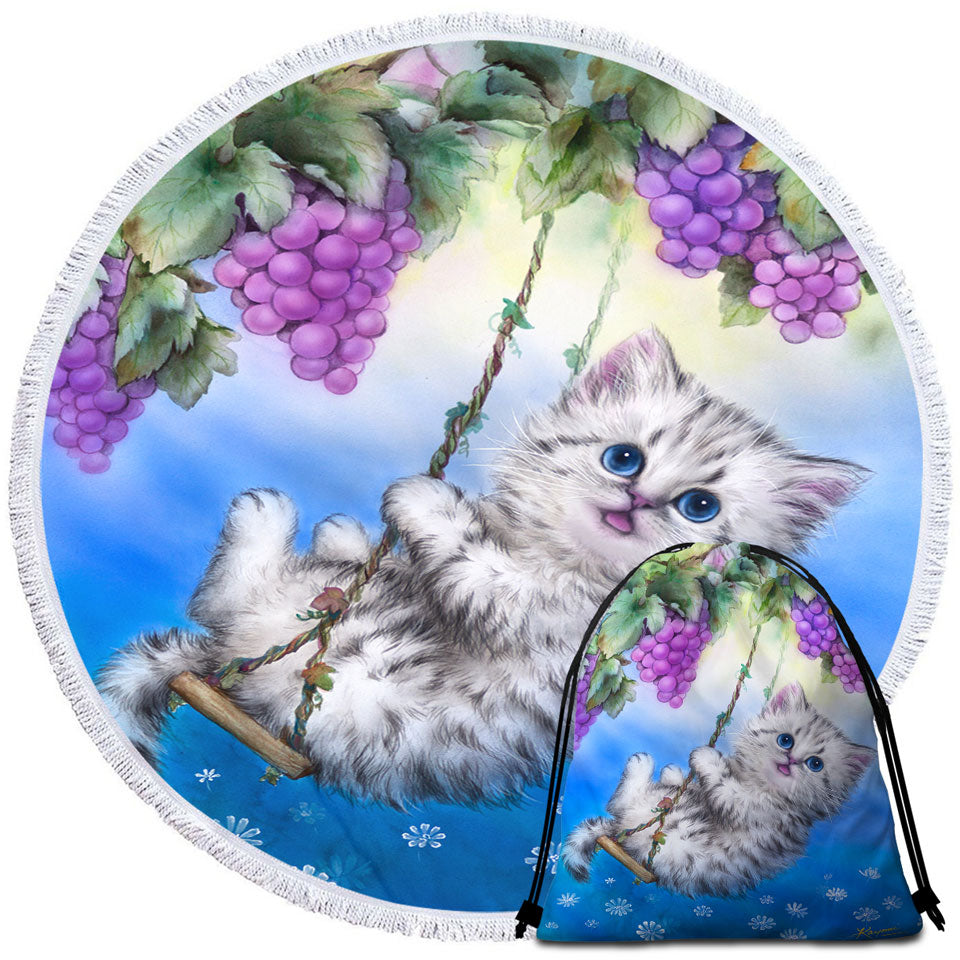 Cute Kitty Cat Swinging in the Grape Vineyard Circle Beach Towel