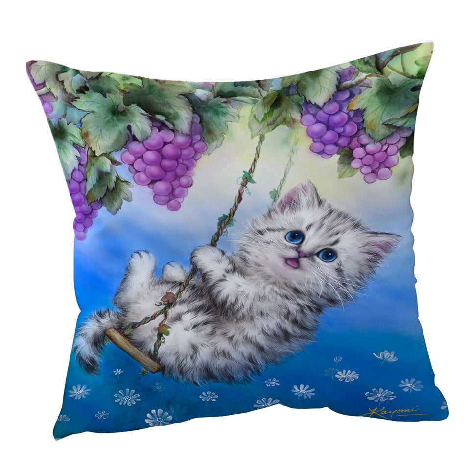 Cute Kitty Cat Swinging in the Grape Vineyard Cushion Cover