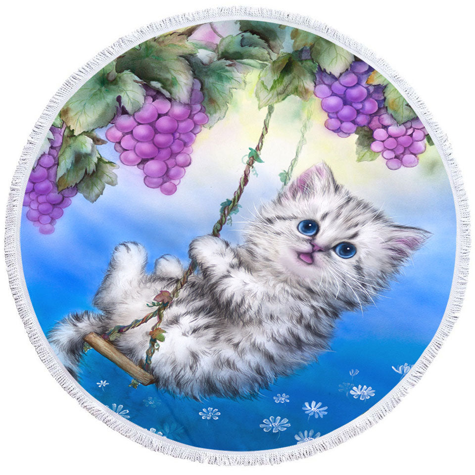 Cute Kitty Cat Swinging in the Grape Vineyard Round Beach Towel