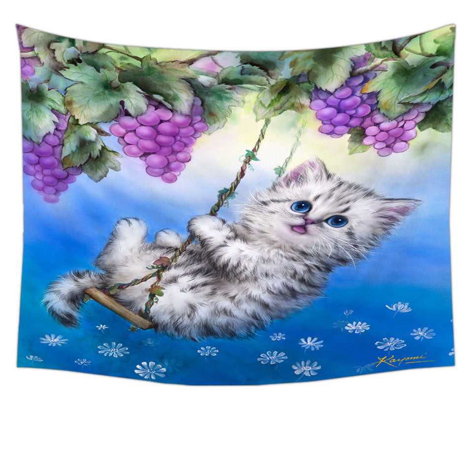 Cute Kitty Cat Swinging in the Grape Vineyard Tapestry