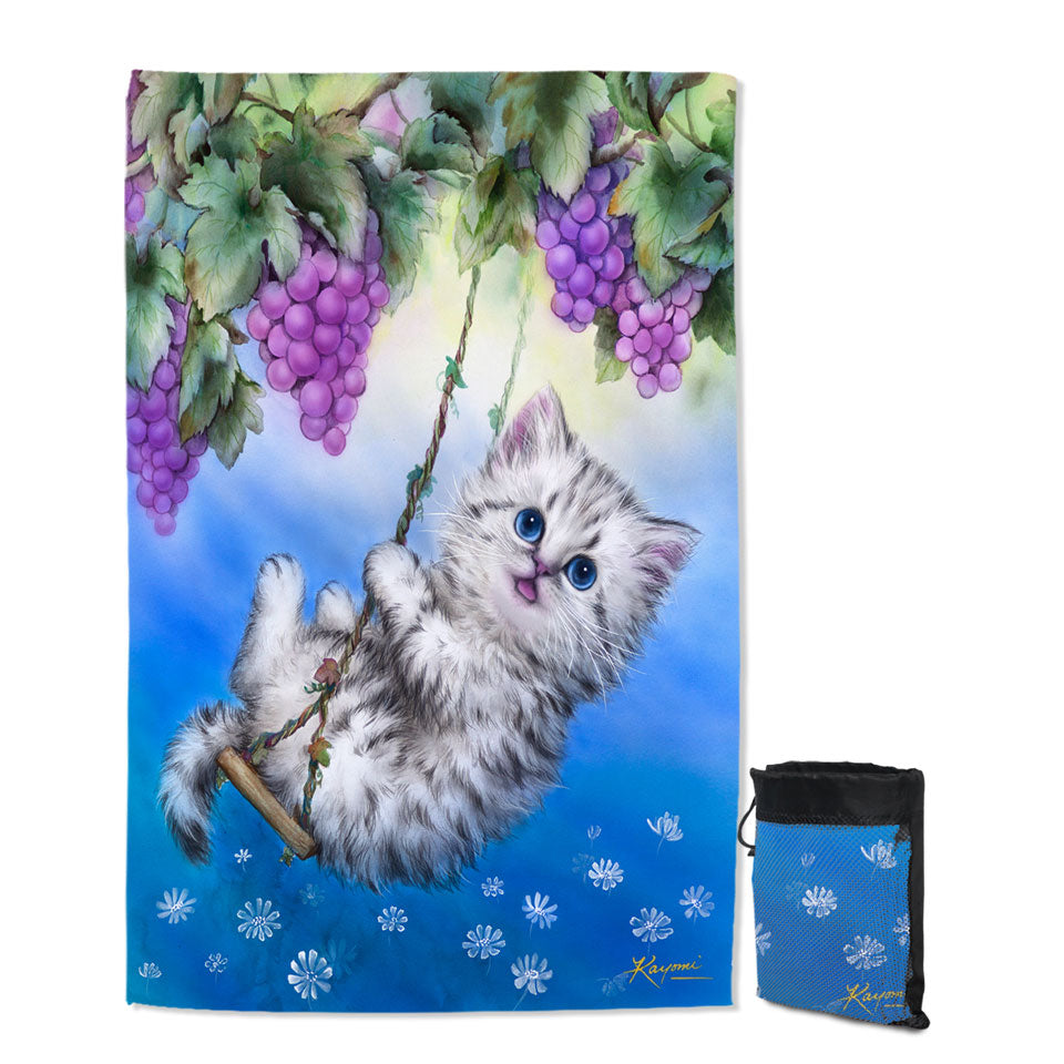 Cute Kitty Cat Swinging in the Grape Vineyard unique Beach Towel