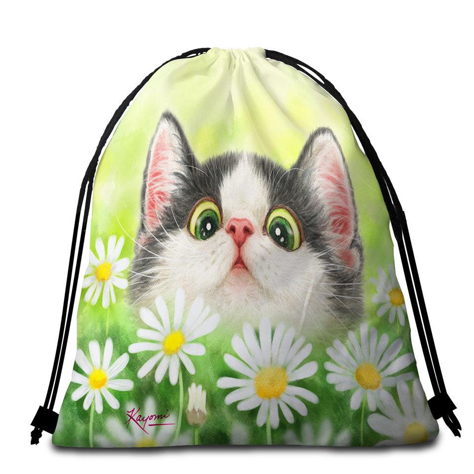 Cute Kitty Cat in the Daisy Flower Garden Beach Bags and Towel