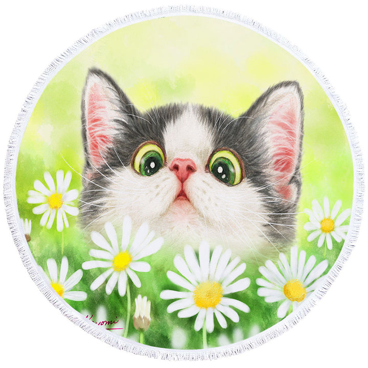 Cute Kitty Cat in the Daisy Flower Garden Circle Beach Towel