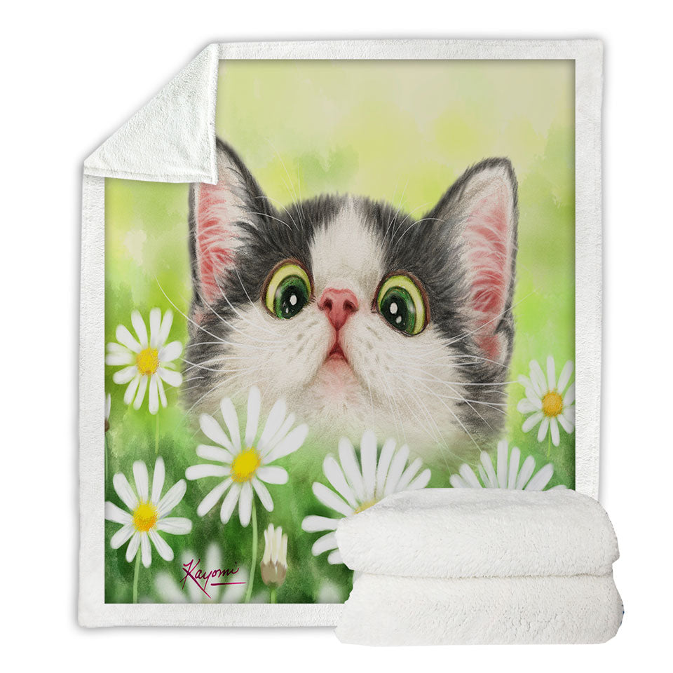 Cute Kitty Cat in the Daisy Flower Garden Sherpa Blanket