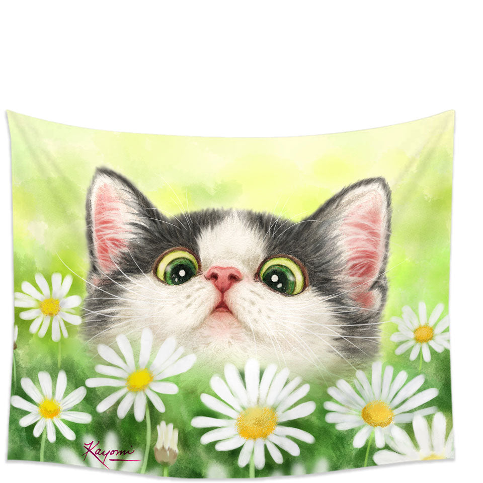 Cute Kitty Cat in the Daisy Flower Garden Tapestry