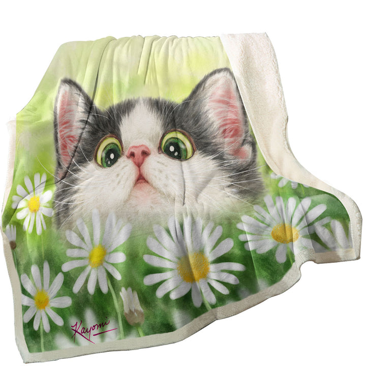 Cute Kitty Cat in the Daisy Flower Garden Throw Blanket