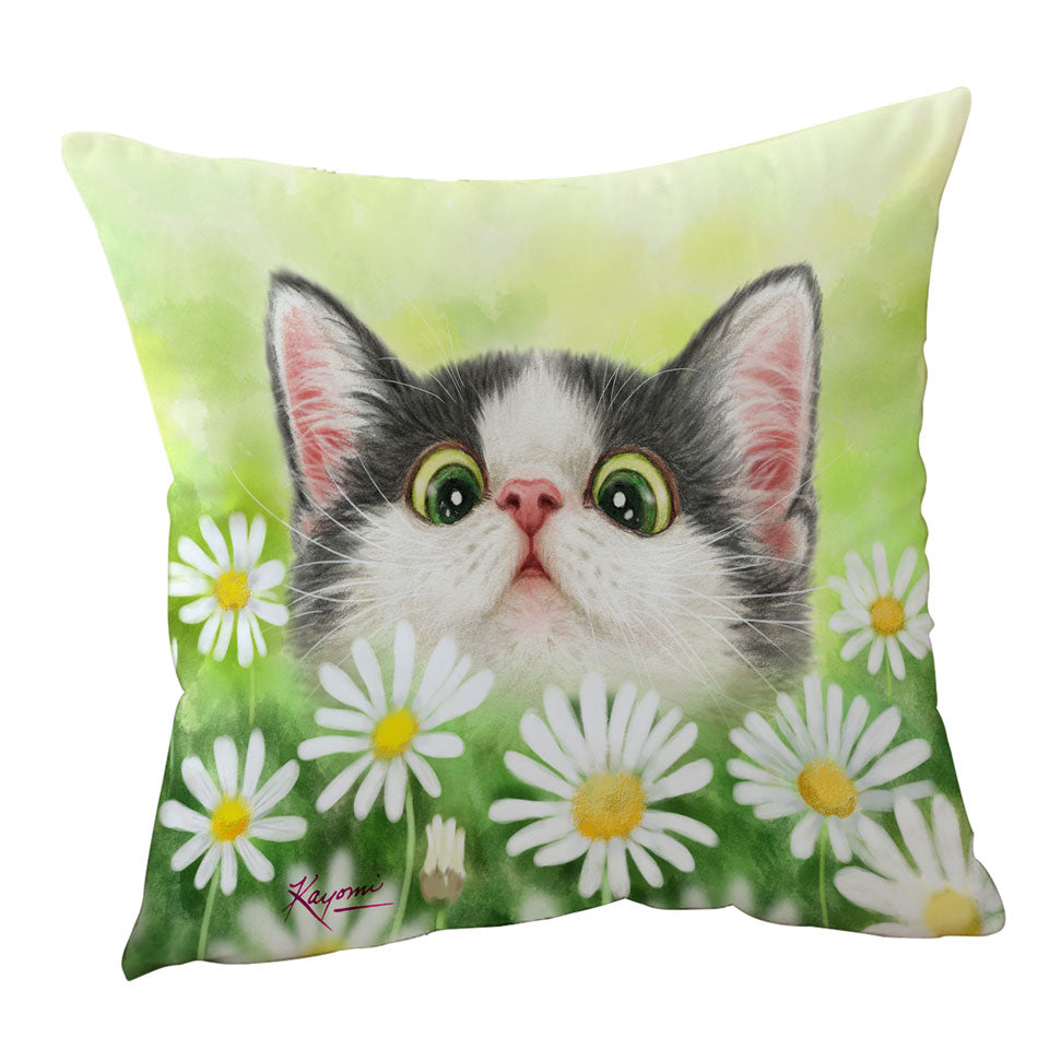 Cute Kitty Cat in the Daisy Flower Garden Throw Pillows