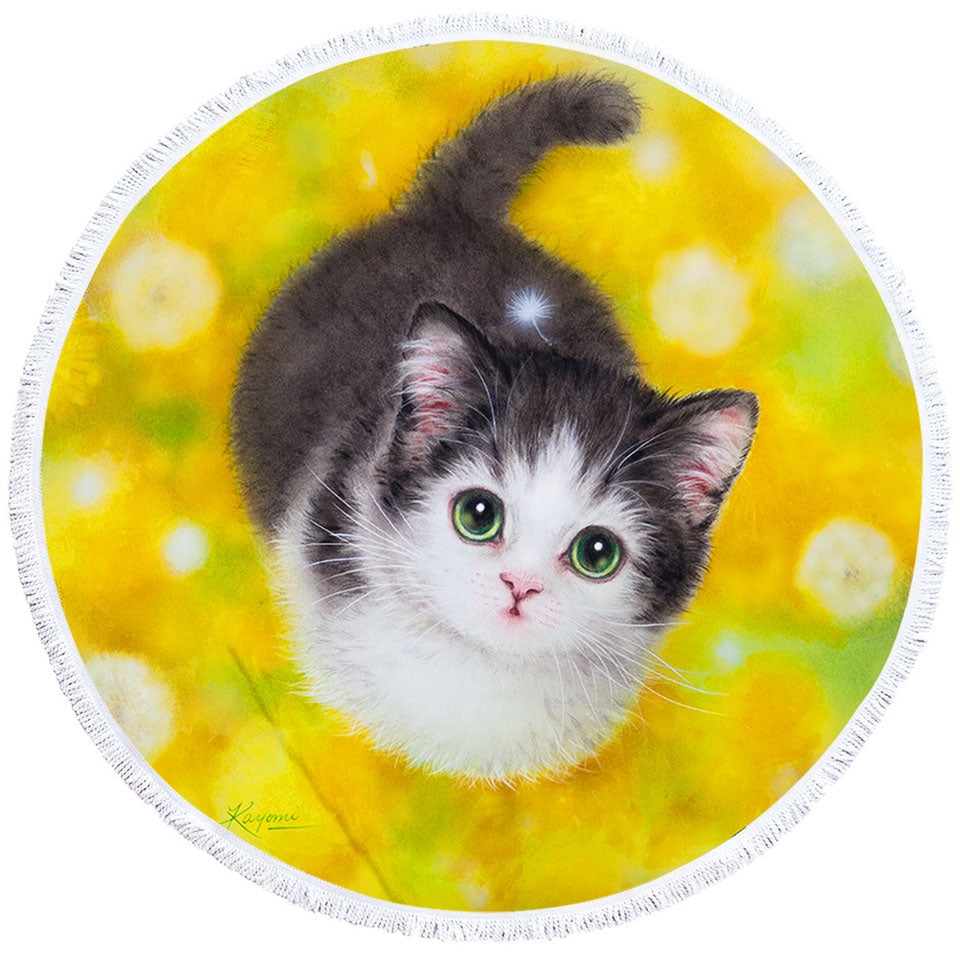 Cute Kitty Cat in the Dandelion Flower Garden Beach Towels