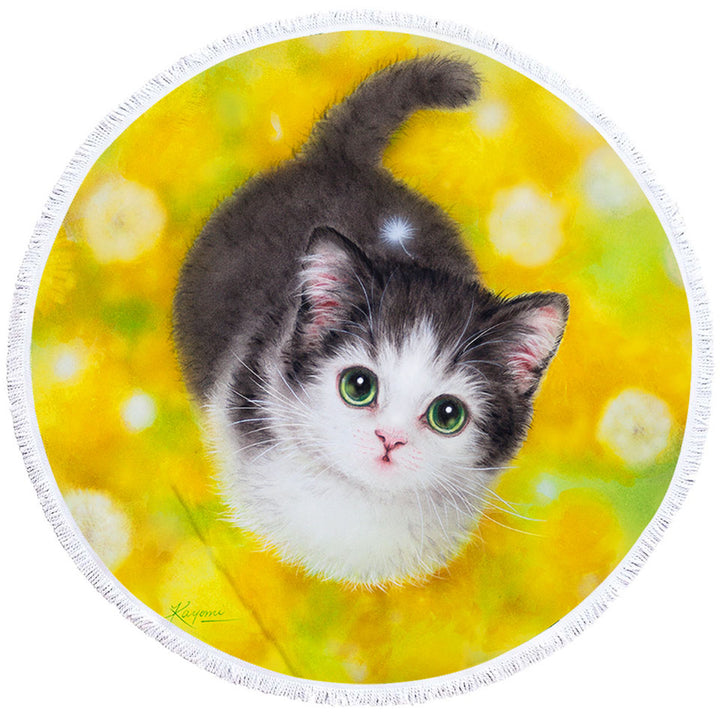 Cute Kitty Cat in the Dandelion Flower Garden Beach Towels