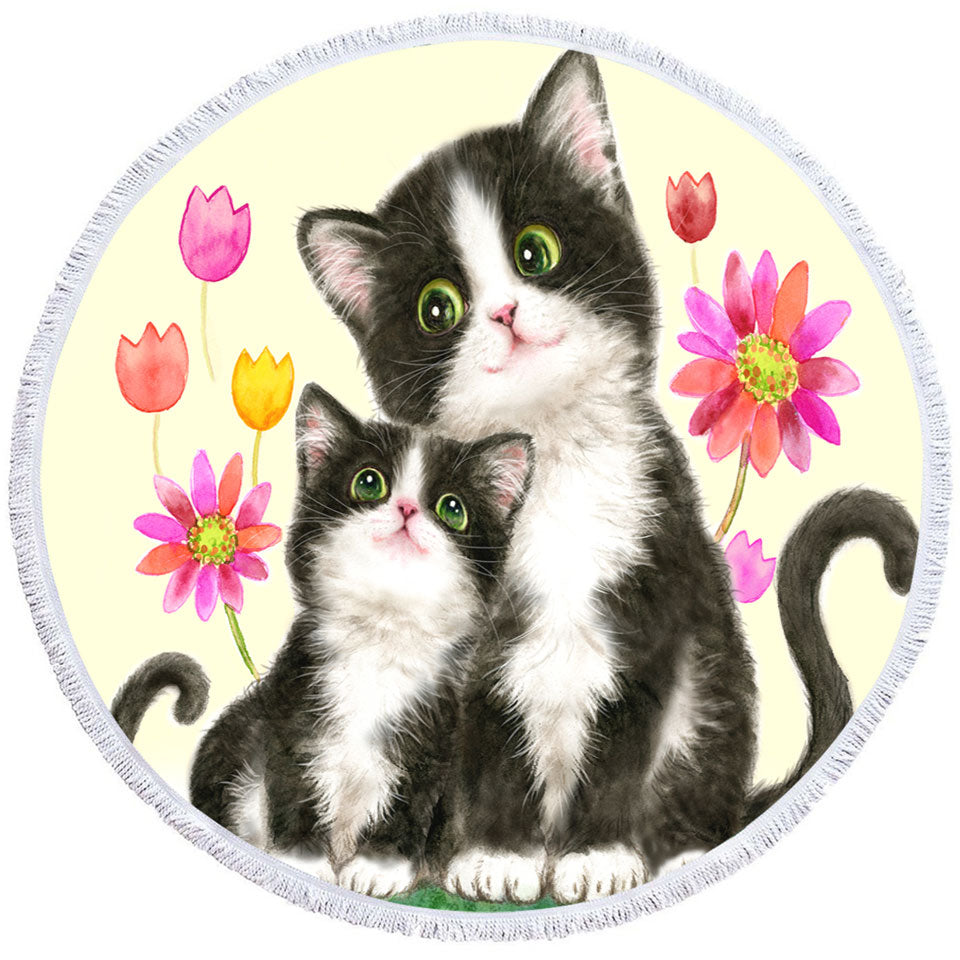 Cute Lightweight Beach Towel Black and White Cats Mother and Daughter
