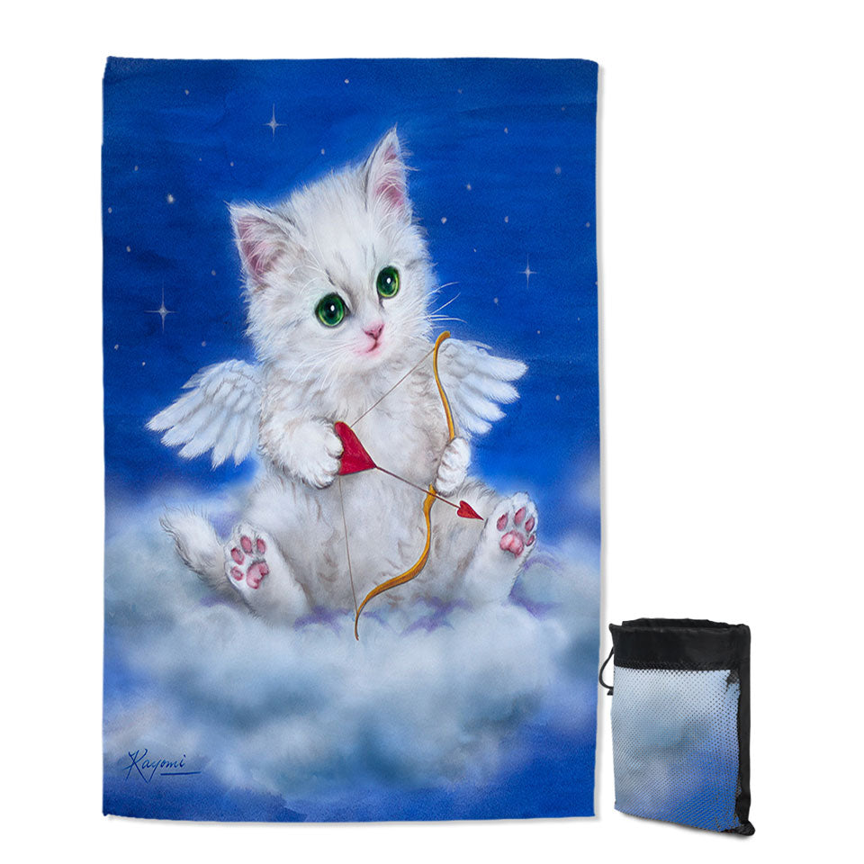 Cute Lightweight Beach Towel Fantasy Cat Art Love Angel White Kitten