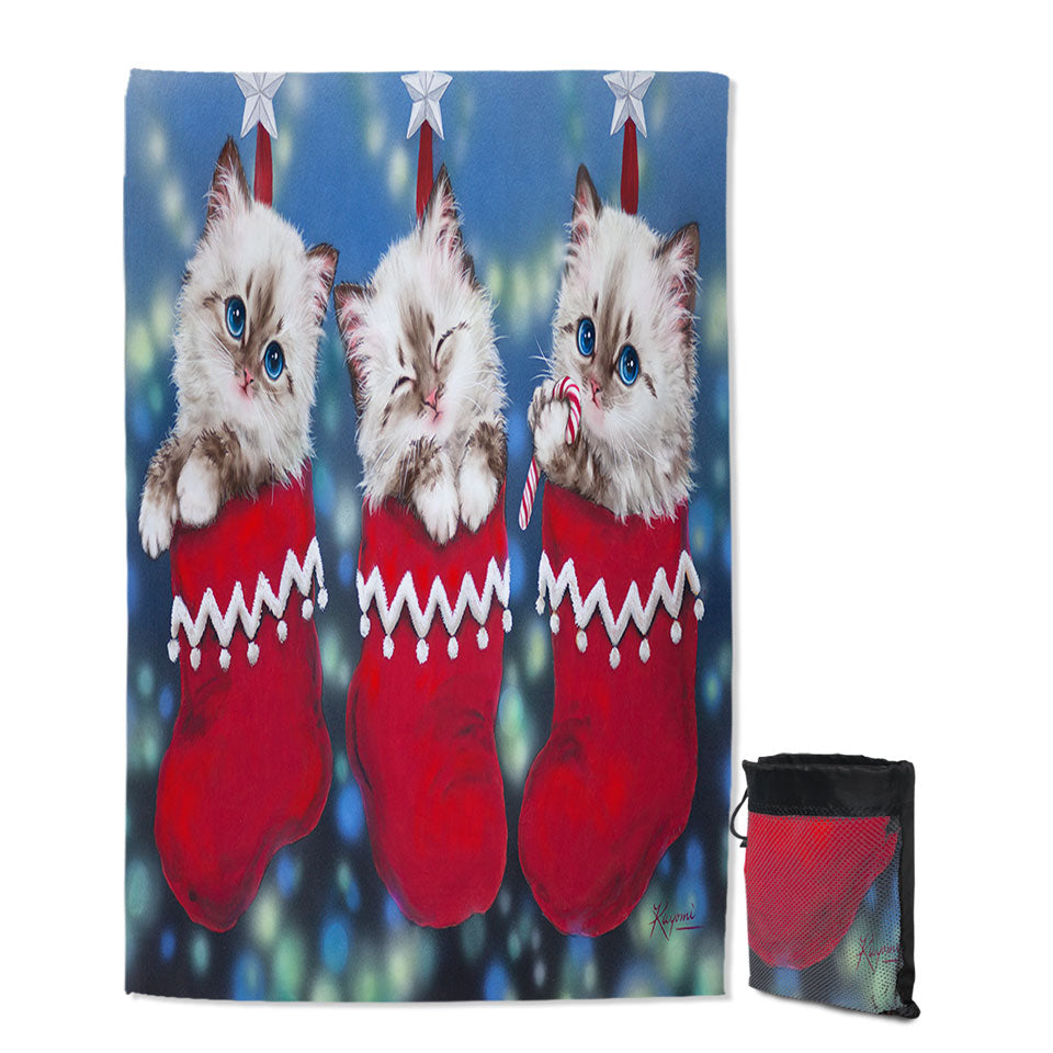 Cute Lightweight Beach Towel with Christmas Design Trio Kittens in Red Socks