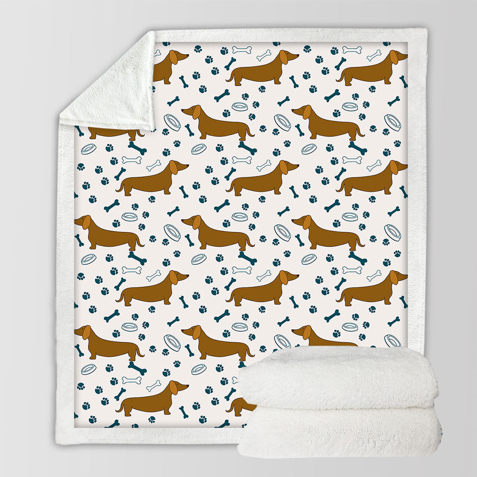 Cute Lightweight Blankets with Dog Food Bowl Paw Bone and Dachshund