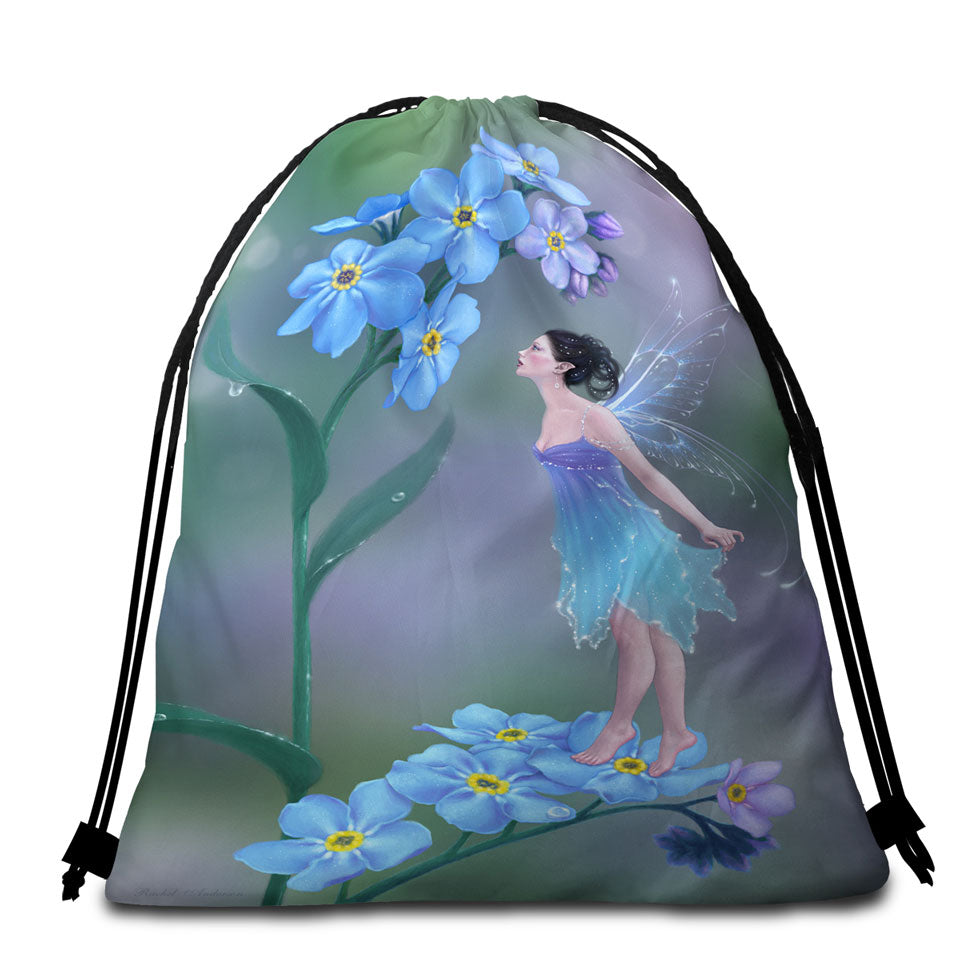 Cute Little Fairy and Purplish Blue Flowers Beach Bags and Towels
