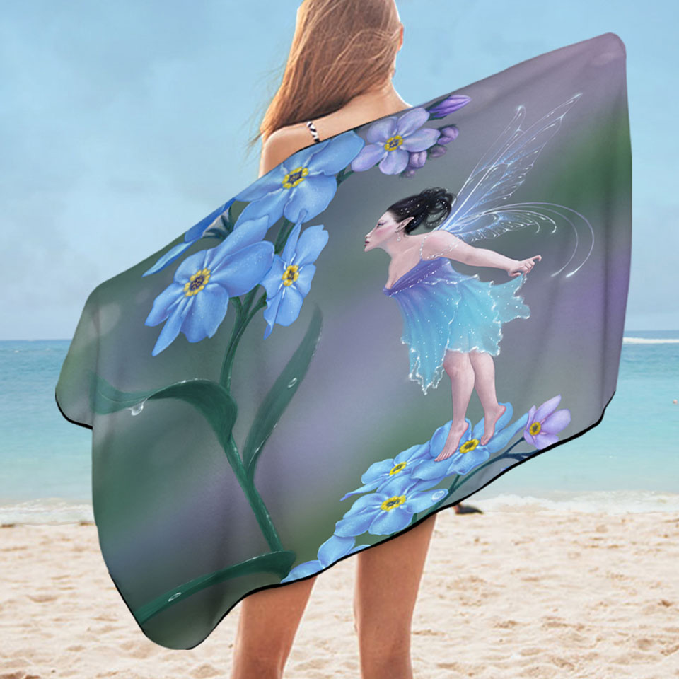 Cute Little Fairy and Purplish Blue Flowers Beach Towel