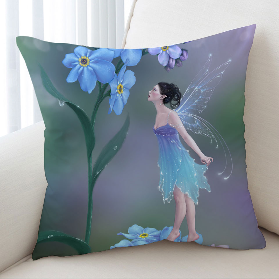 Cute Little Fairy and Purplish Blue Flowers Cushion Covers