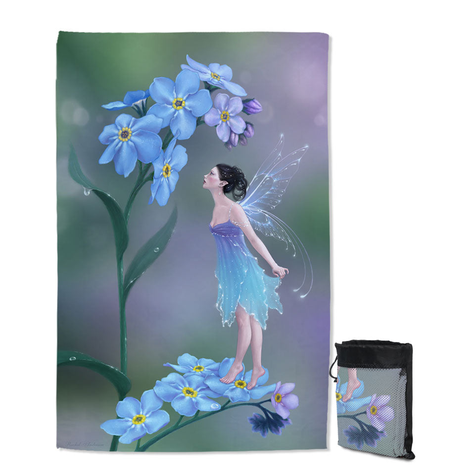 Cute Little Fairy and Purplish Blue Flowers Quick Dry Beach Towel