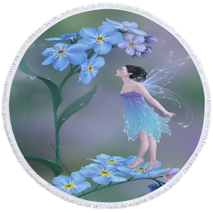 Cute Little Fairy and Purplish Blue Flowers Round Beach Towel