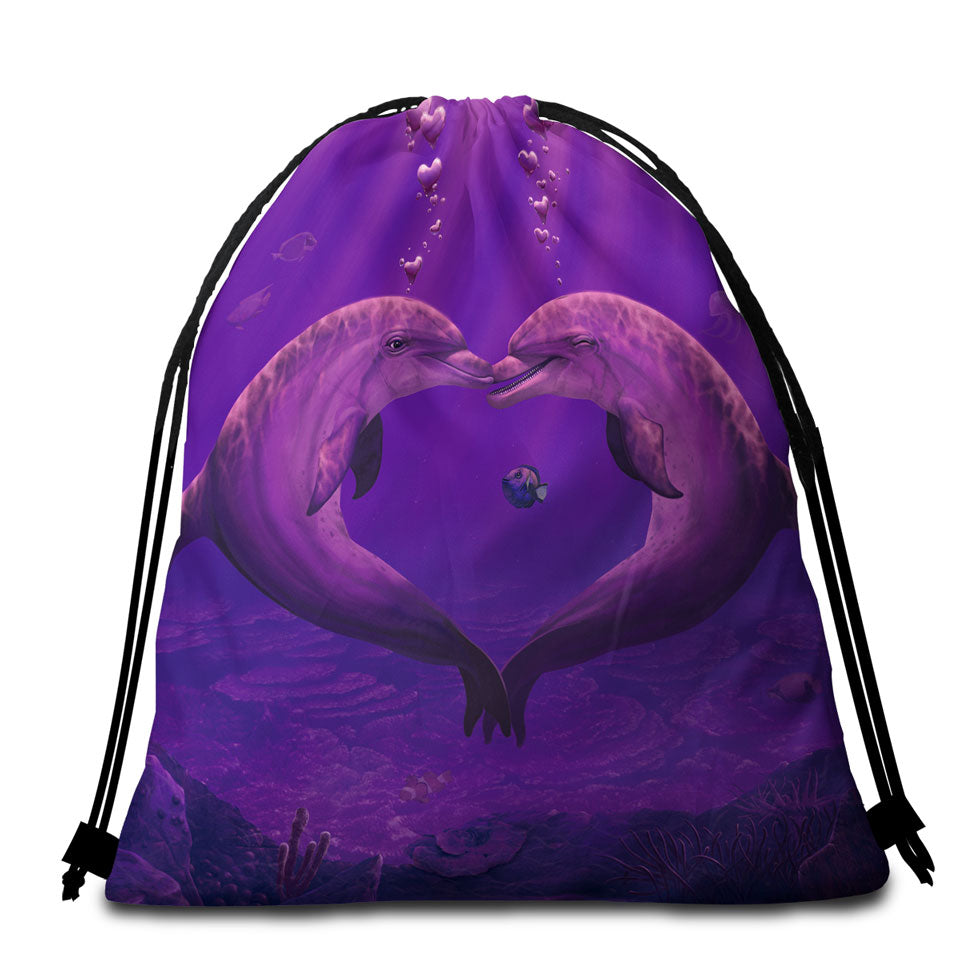 Cute Marine Life Art Heart Shape Dolphins Beach Towel Bags