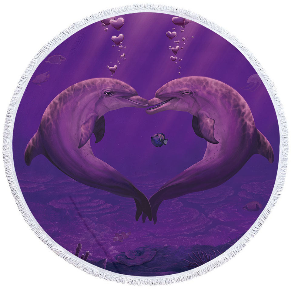 Cute Marine Life Art Heart Shape Dolphins Circle Beach Towel