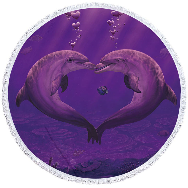 Cute Marine Life Art Heart Shape Dolphins Circle Beach Towel