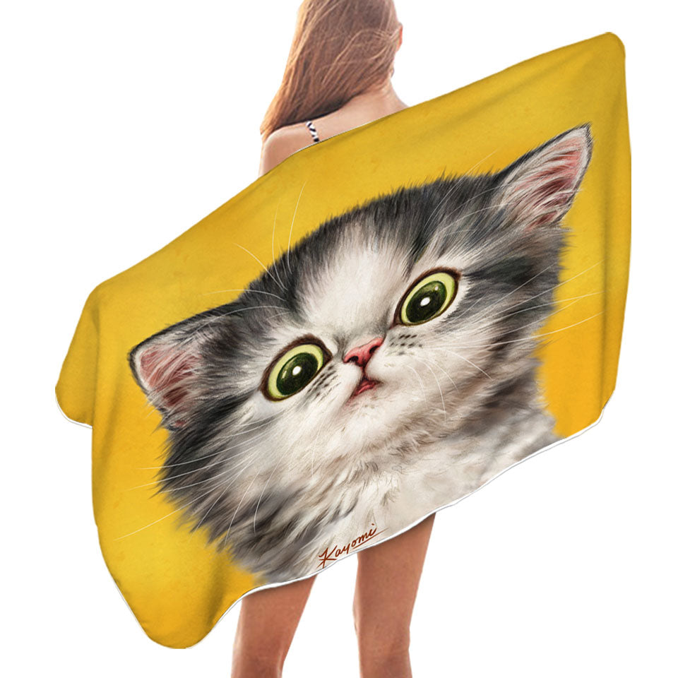 Cute Microfiber Beach Towel Confused Kitty Cat over Yellow