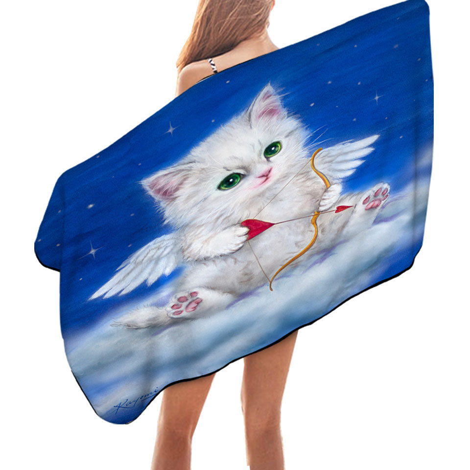 Cute Microfiber Beach Towel Fantasy Cat Art Love Angel White Kitten