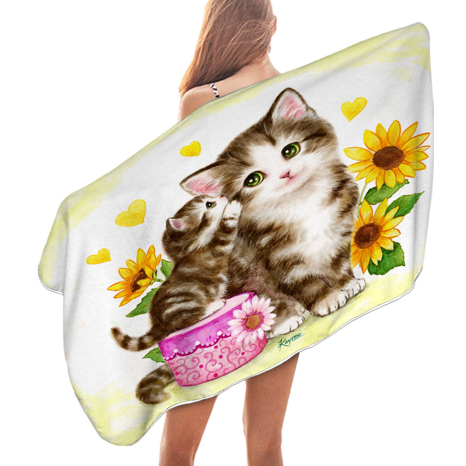 Cute Microfiber Beach Towel Sunflower Cats Mother and Daughter