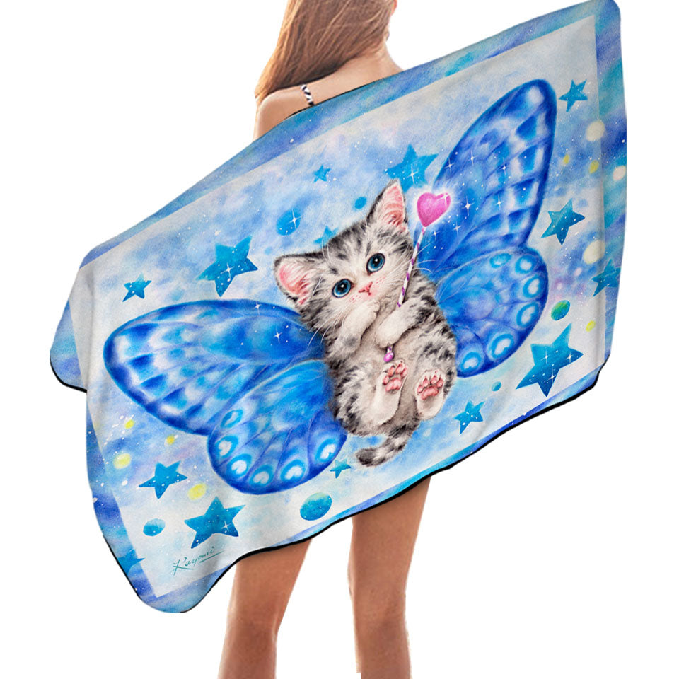 Cute Microfiber Beach Towel with Kitten Designs Blue Butterfly Kitty Cat