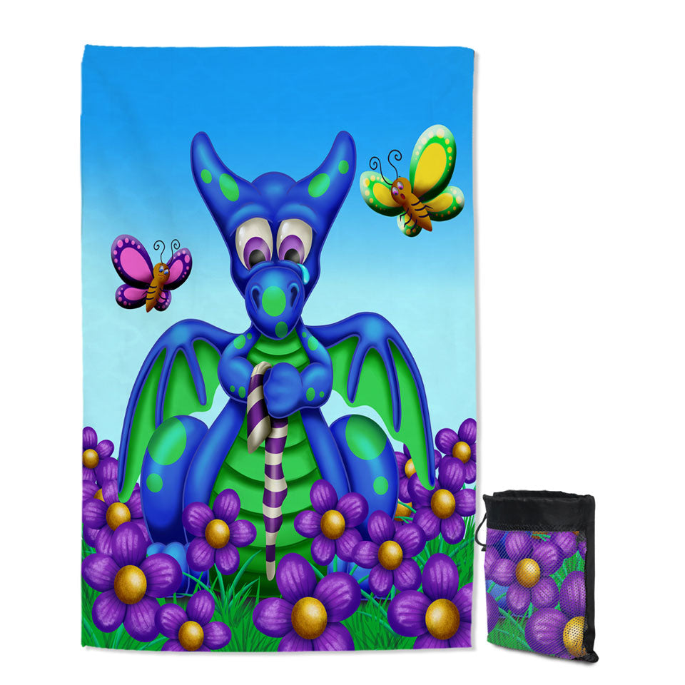 Cute Microfiber Towels For Travel Blue Dragon with Purple Flowers Kids
