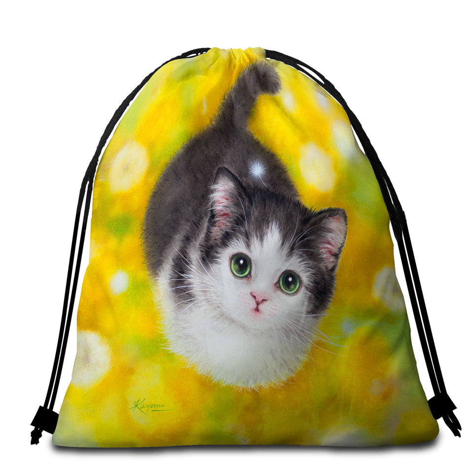 Cute Microfiber Towels For Travel with Kitty Cat in the Dandelion Flower Garden