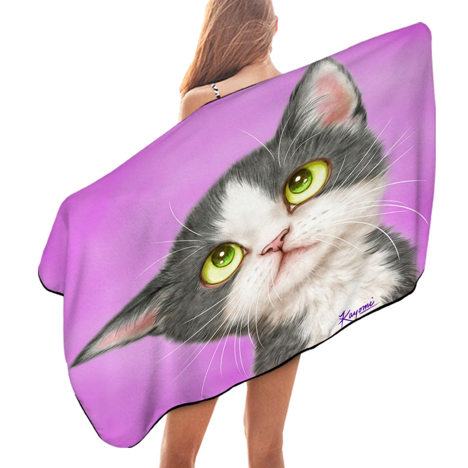 Cute Microfibre Beach Towels Art for Kid Adorable Grey Kitten