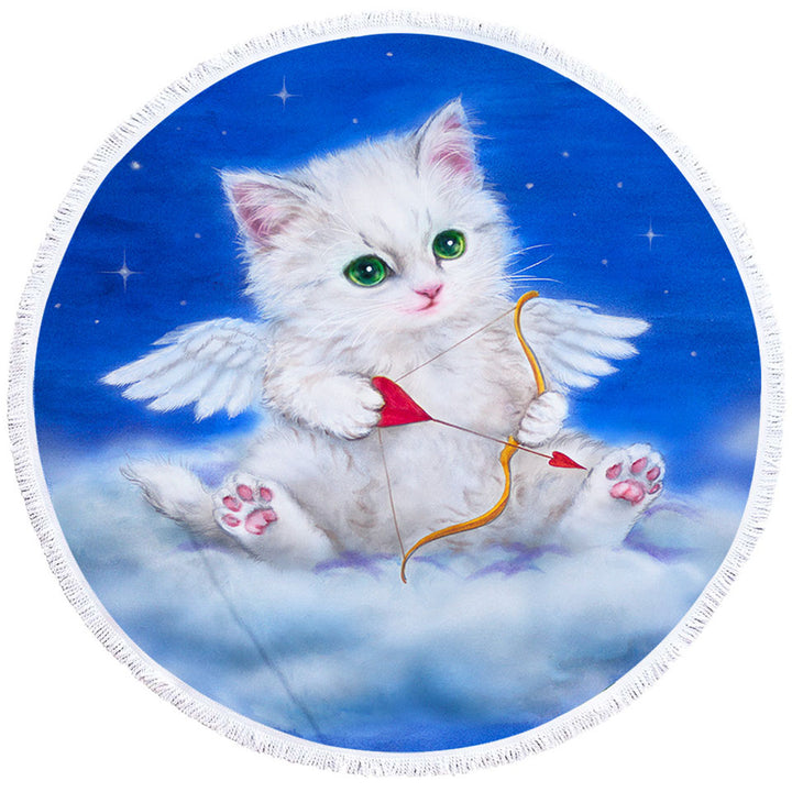 Cute Microfibre Beach Towels Fantasy Cat Art Love Angel White Kitten