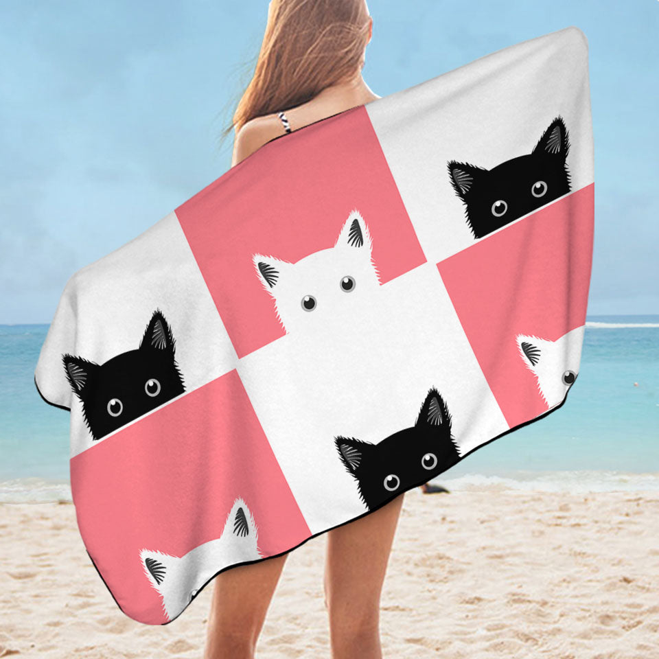 Cute Microfibre Beach Towels Pink White Panel and Black White Cats