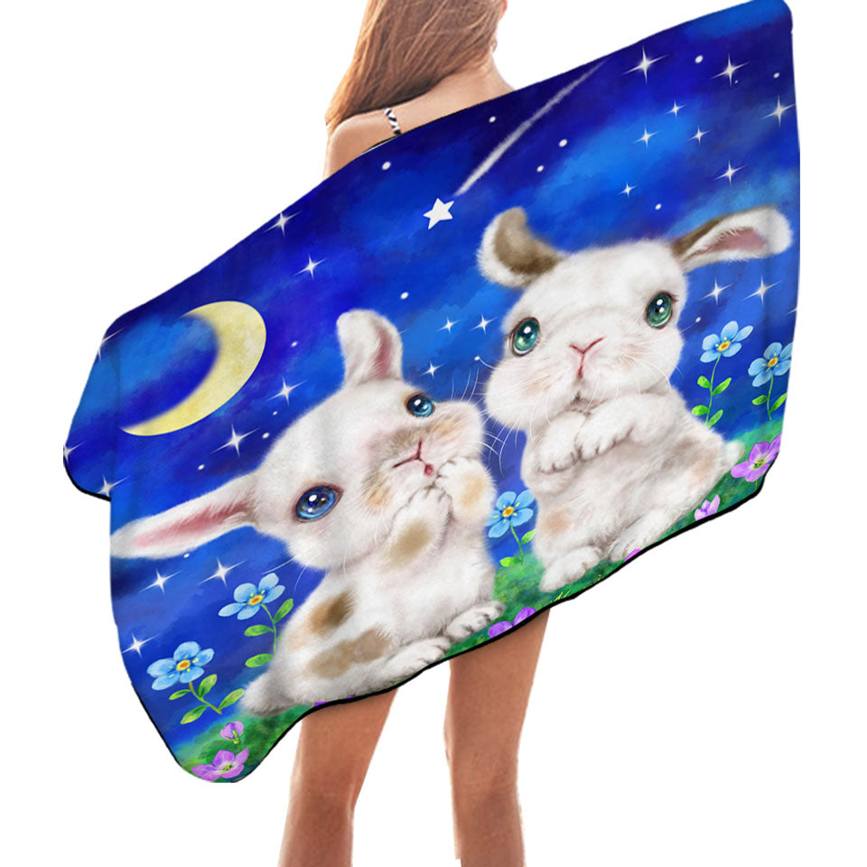 Cute Microfibre Beach Towels for Kids Art Designs Starry Night Bunnies