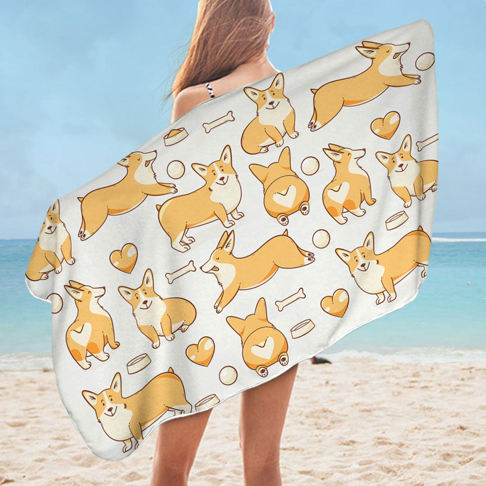 Cute Microfibre Beach Towels with Corgi Dog Heart and Bone Pattern