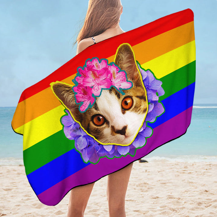 Cute Microfibre Beach Towels with Rainbow Flag Adorable Flowery Kitten