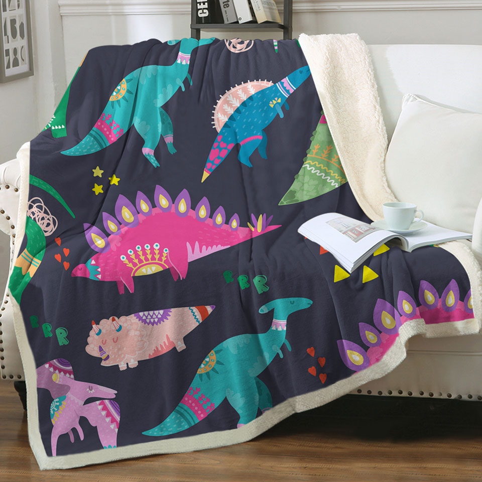 Cute Multi Colored Fleece Blankets with Sleeping Dinosaurs