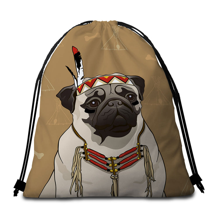 Cute Native American Chief Pug Beach Towel Bags