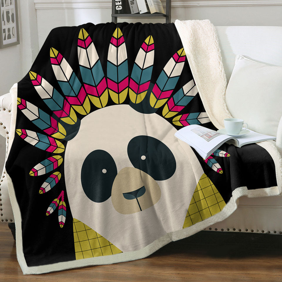 Cute Native American Panda Kids Sherpa Blankets