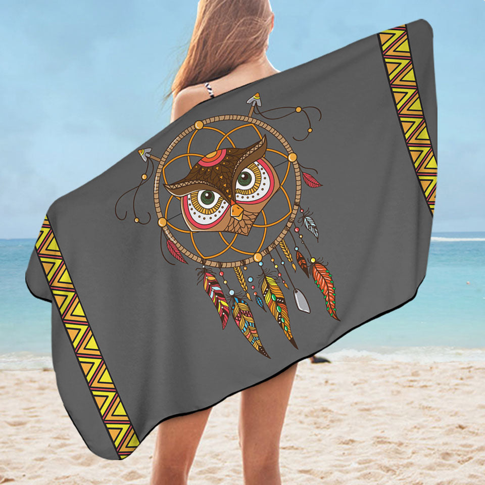Cute Native Owl Dream Catcher Microfiber Beach Towel