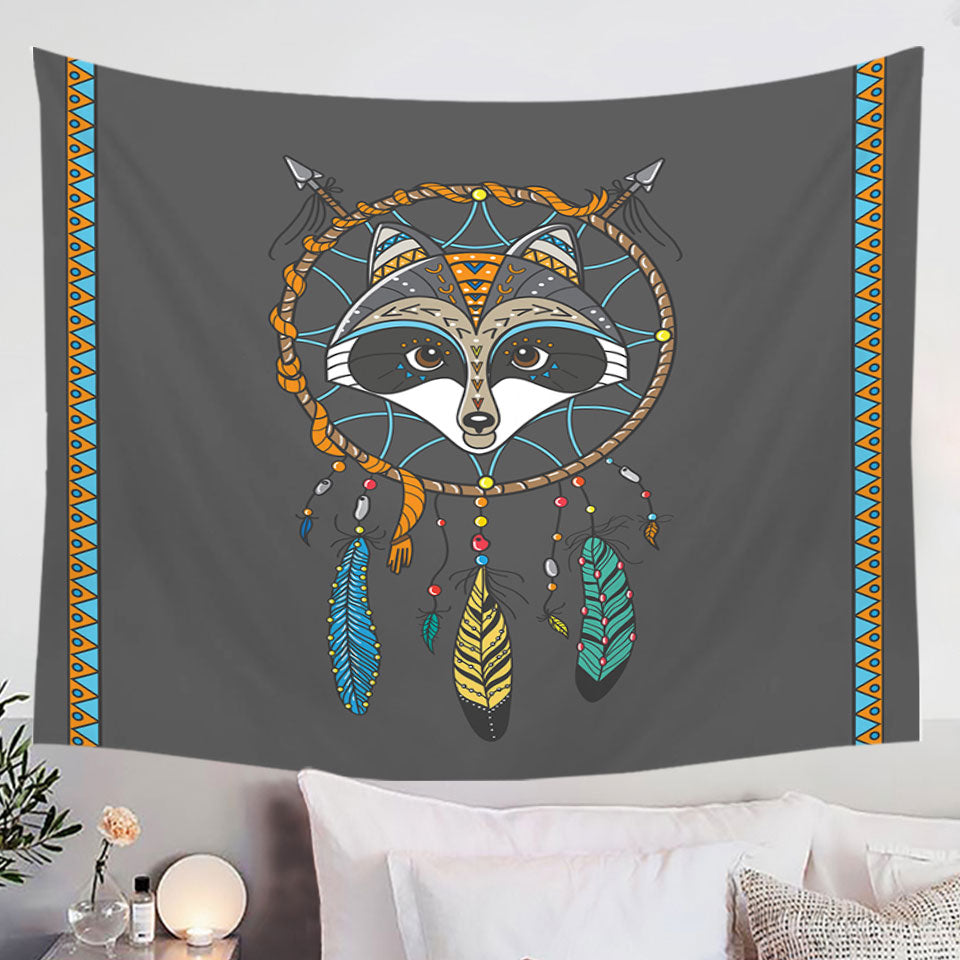Cute Native Raccoon Dream Catcher Tapestry Wall Hanging for Kids